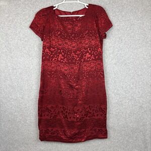 Vtg Virgo II Sheath Dress Size 10 Red Damask Evening Short Sleeve Side Slit